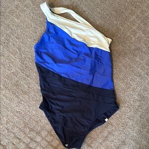 Blue and Cream One-Shoulder Swimsuit